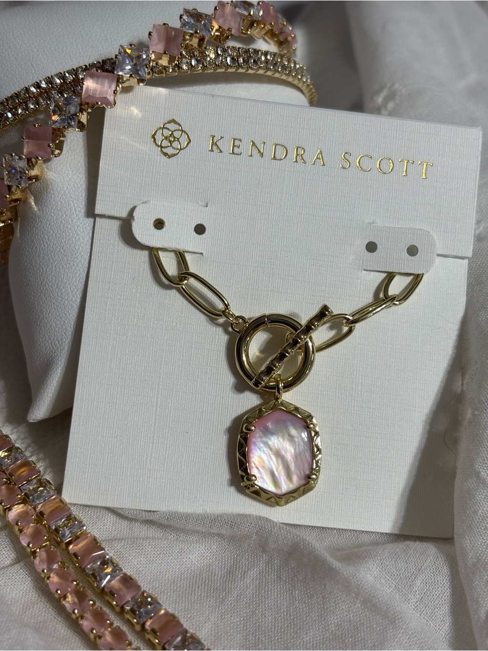Kendra Scott Gold Necklace with Pink Iridescent Pendant